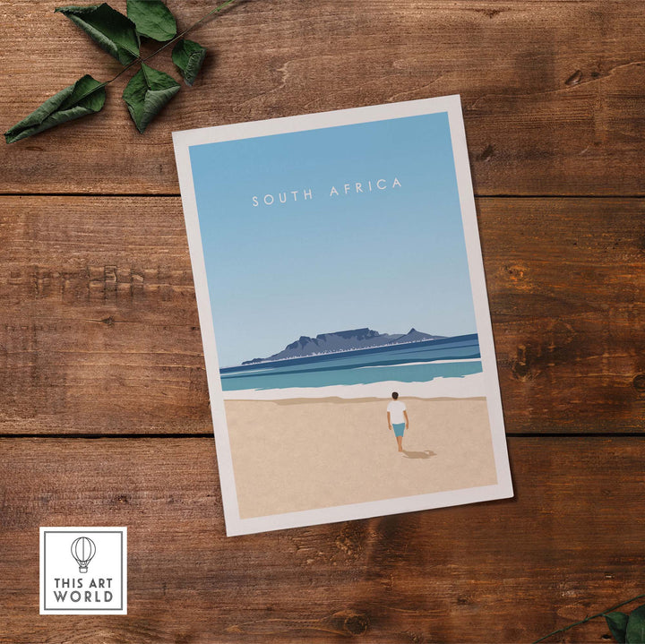 South Africa travel poster print featuring a minimalist beach scene and a person walking on sand.