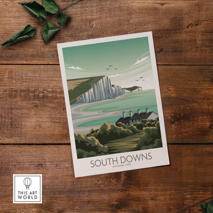 South Downs National Park poster art print featuring cliffs and greenery in minimalist style.