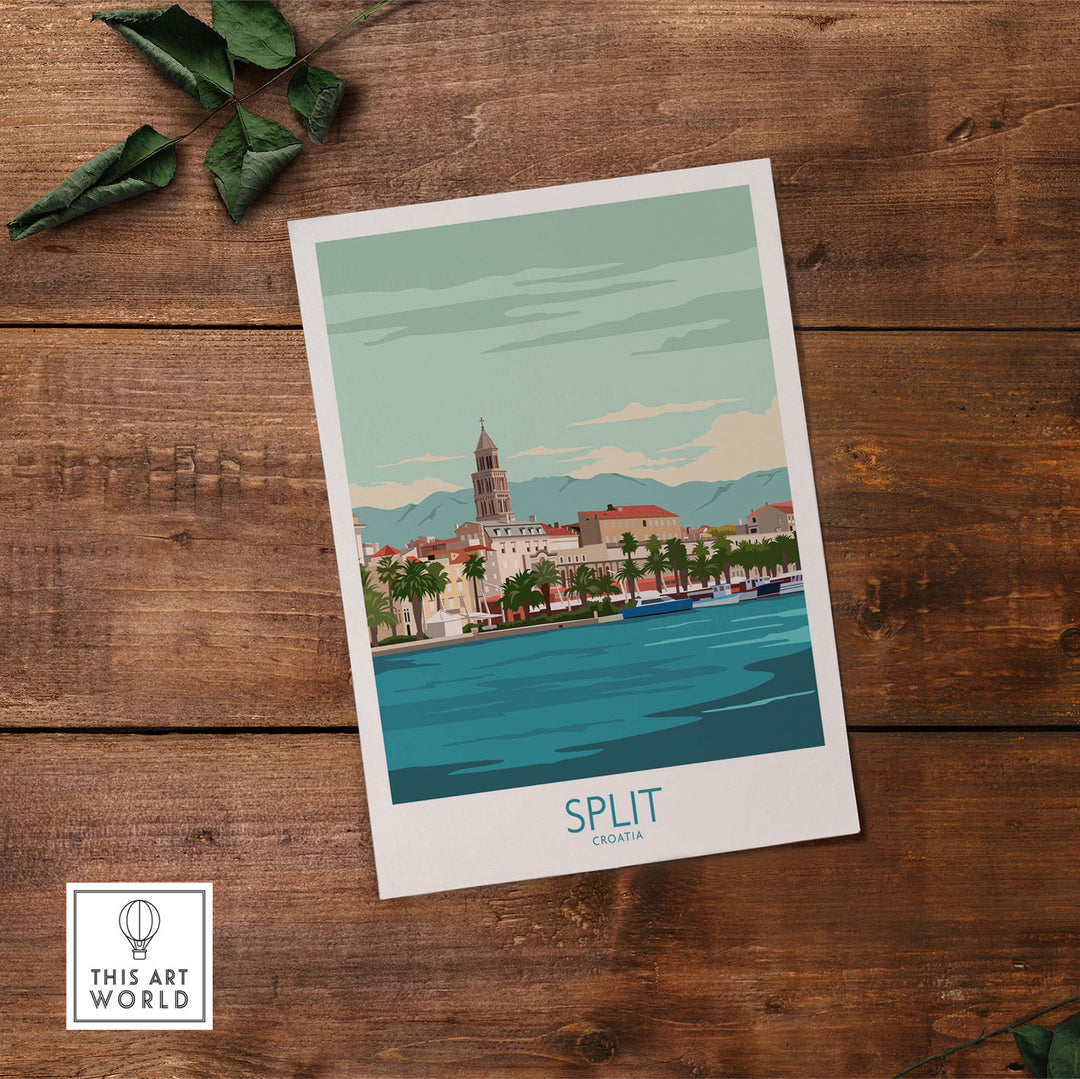 Split Croatia vintage travel poster print featuring the coastal city and mountains.