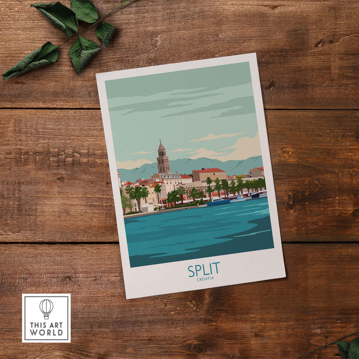Split Croatia vintage travel poster print featuring the coastal city and mountains.