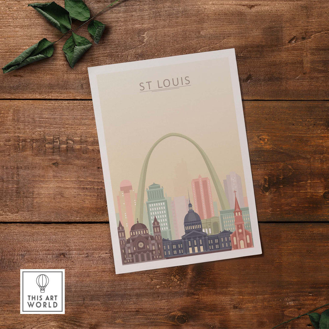 St Louis City Skyline Wall Art Print featuring iconic architecture and pastel colors on a wooden background.