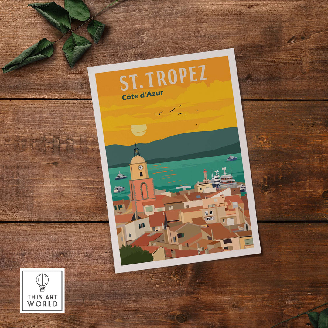 St Tropez France travel poster print featuring colorful coastal scenery and nostalgic vintage style.