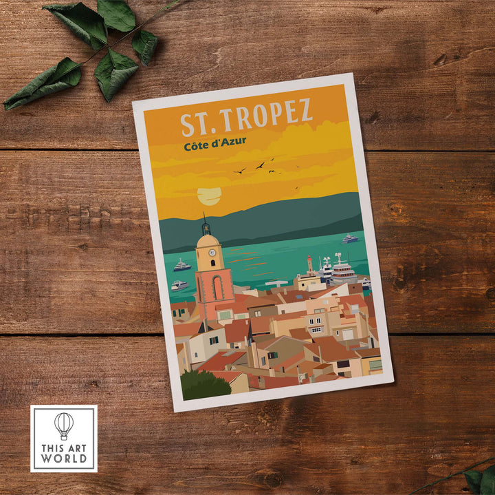 St Tropez France travel poster print featuring colorful coastal scenery and nostalgic vintage style.