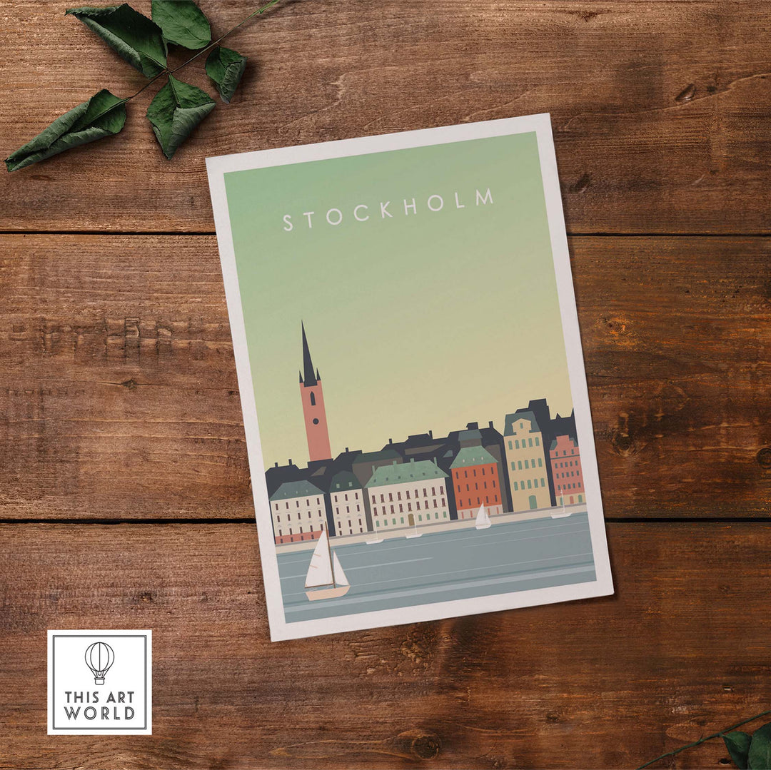 Stockholm Print Wall Art Poster featuring a scenic view of the city skyline with vintage travel design.