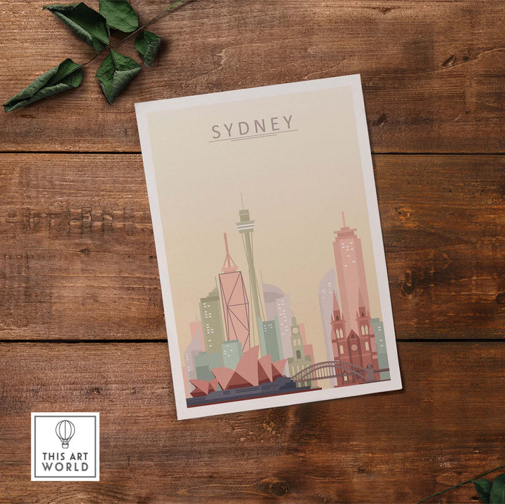 Sydney city skyline print showcasing the iconic Sydney Opera House and Harbour Bridge in warm pastel tones.