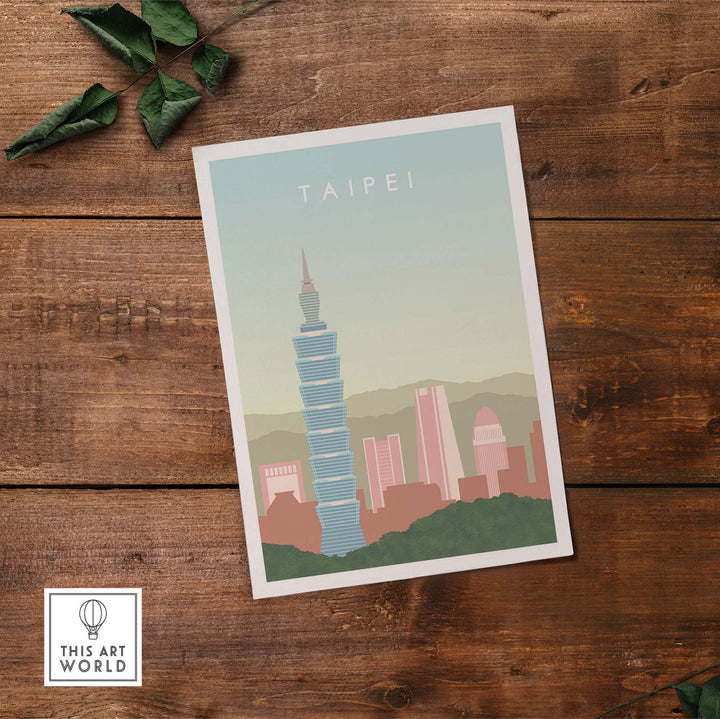 Taipei Poster Taiwan Print showcasing Taipei 101 with a vintage-inspired design on a wooden background.