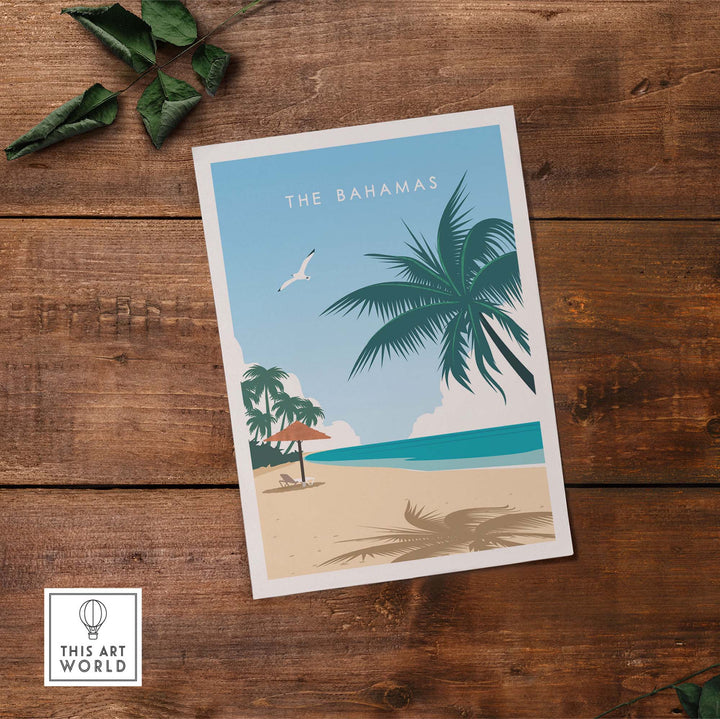 The Bahamas travel poster print featuring a beach scene with palm trees and a serene blue sky.