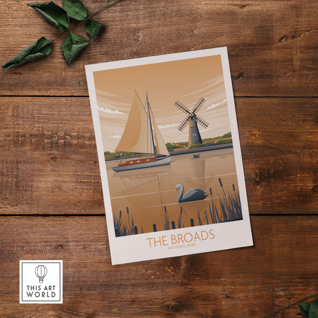 The Broads National Park art print featuring a sailboat and windmill in a minimalist style on wood background.