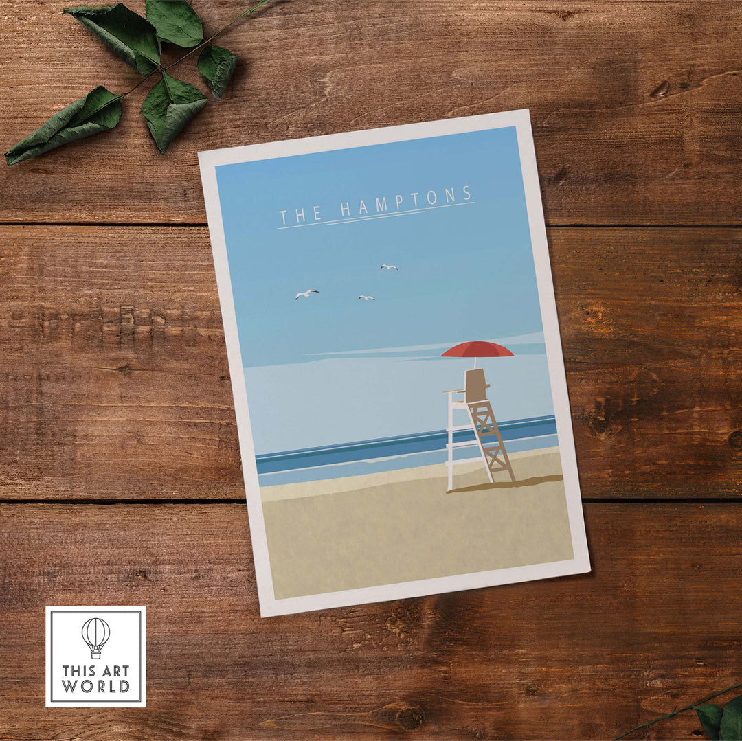The Hamptons Print featuring a minimalist beach scene with a lifeguard chair and blue sky.