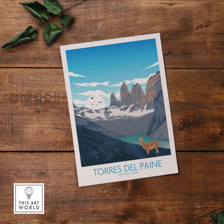 Torres del Paine Chile travel poster featuring scenic mountains and wildlife, ideal for stylish wall art.