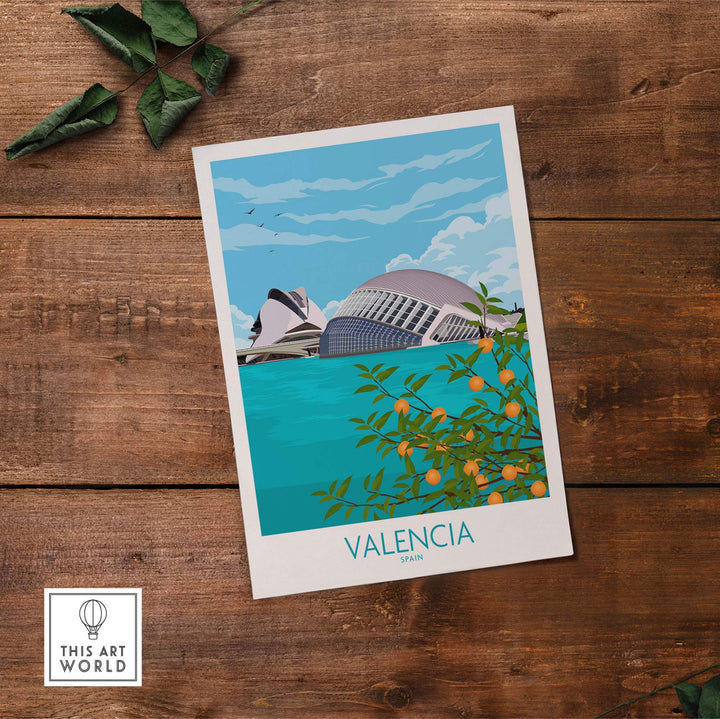 Valencia Poster Print featuring minimalist design and vibrant colors, showcasing iconic architecture and orange trees.