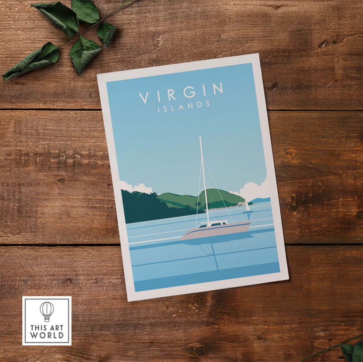 Virgin Islands travel poster print featuring a minimalist design with a sailboat and serene sea landscape.