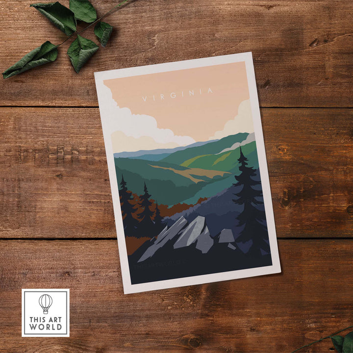 Virginia travel poster print showcasing a serene mountainous landscape in a minimalist vintage style.