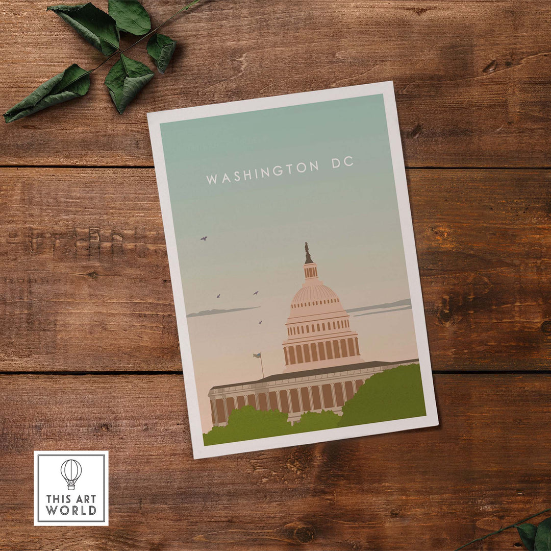 Washington DC Poster Print featuring the Capitol Building on a wooden surface for stylish home decor.