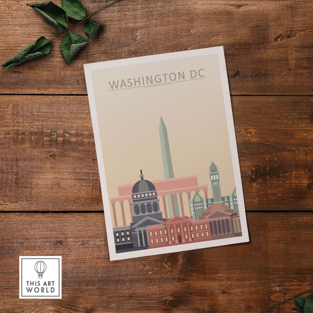 Washington DC skyline poster in pastel colors, showcasing iconic buildings like the Capitol and Washington Monument.