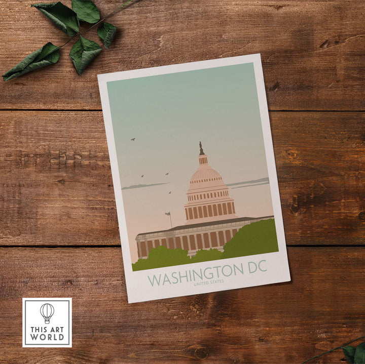 Washington DC wall art print featuring the Capitol building, inspired by vintage travel posters.