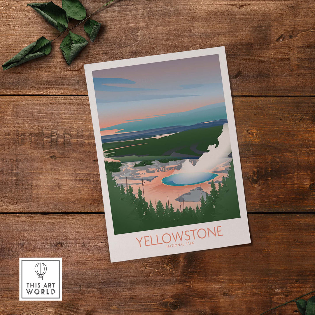 Yellowstone National Park art print featuring minimalist design on wood background.