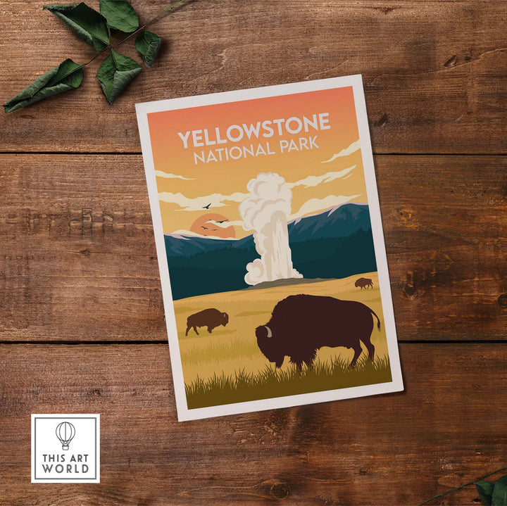 Yellowstone National Park poster featuring bison and geyser illustration against a colorful sunset backdrop.