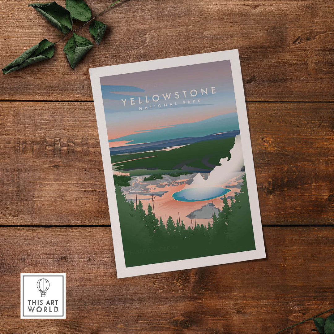Vintage Yellowstone National Park art print featuring stunning landscapes and retro design.
