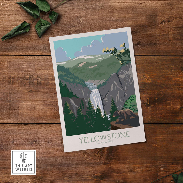 Yellowstone poster print featuring a waterfall, mountains, and greenery, inspired by vintage National Park artwork.