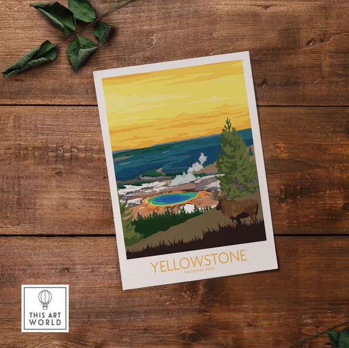 Yellowstone Park print poster showcasing vibrant scenery and outdoor adventure, perfect for home or office decor.