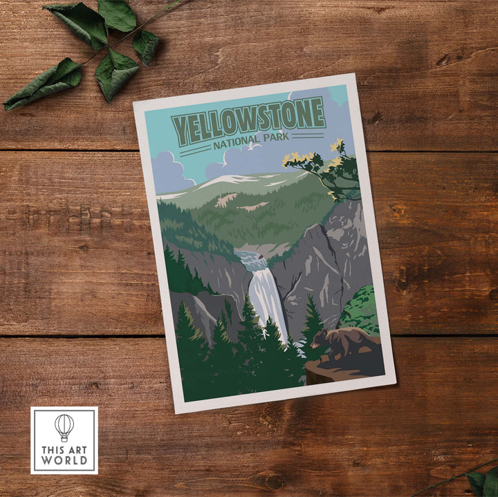 Vintage-style Yellowstone National Park print showcasing a waterfall and scenic landscape, ideal for home decor.