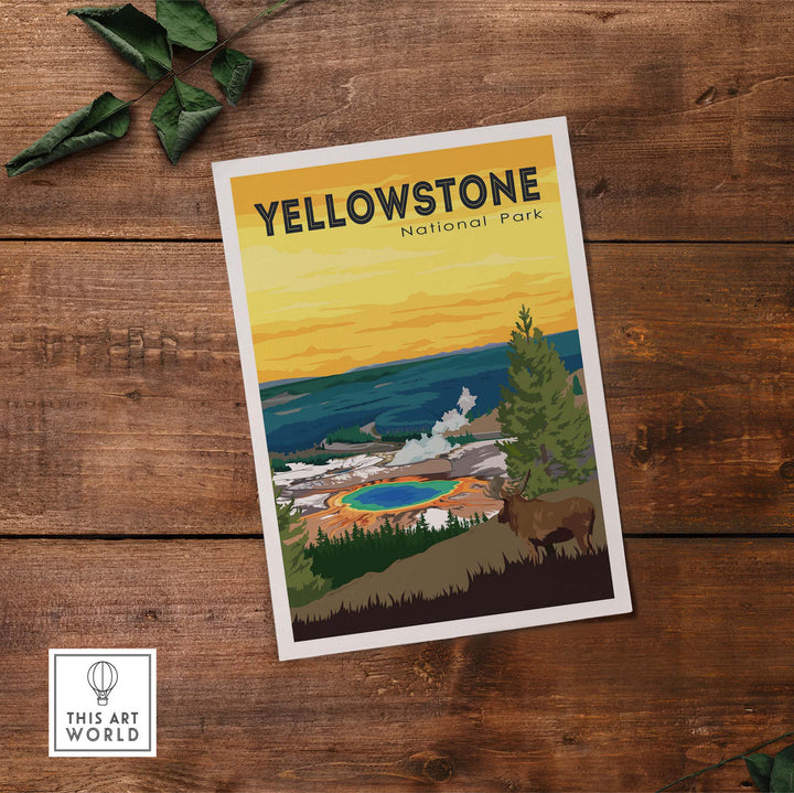 Vintage Yellowstone National Park poster featuring colorful landscapes and wildlife, perfect for home or office decor.