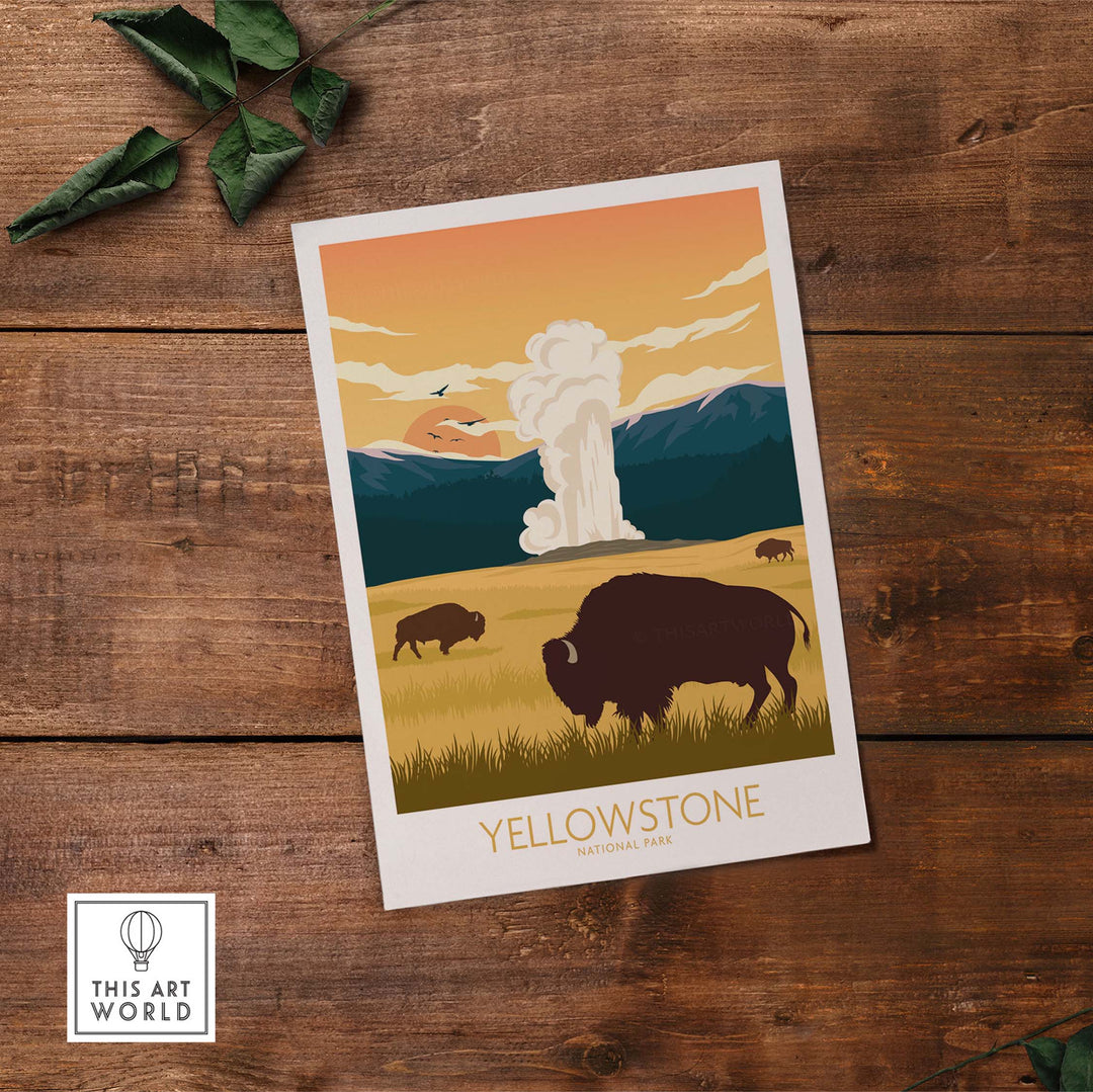 Yellowstone National Park poster featuring a bison, geyser, and mountain landscape in a vintage minimalist style.