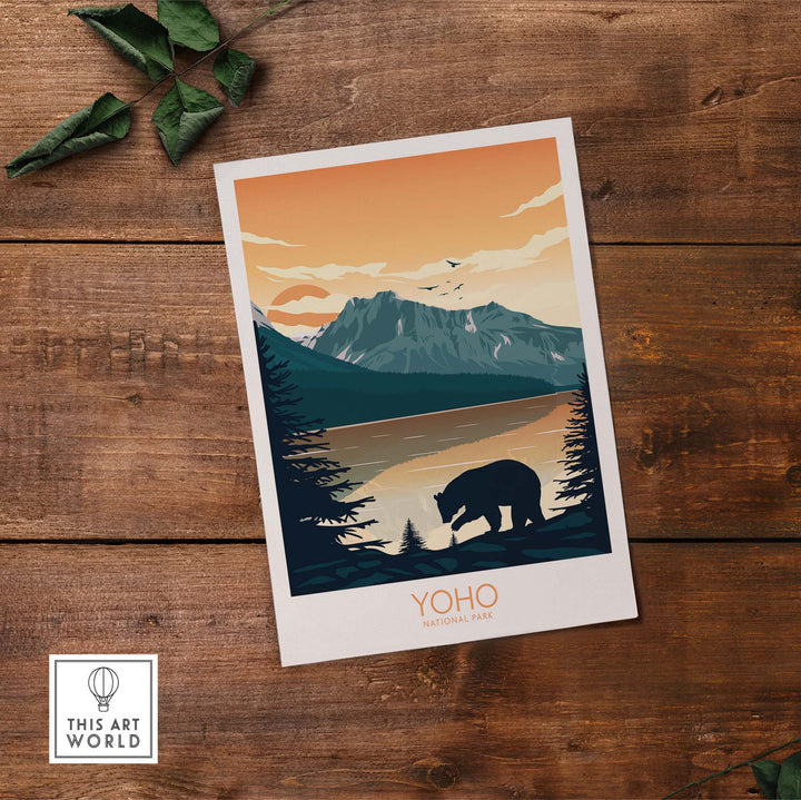 Yoho National Park poster art print featuring a bear silhouette against mountains and a sunset, ideal for nature lovers.