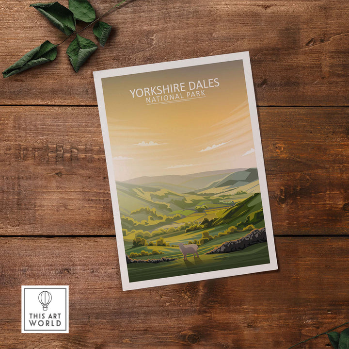 Yorkshire Dales National Park poster showcasing minimalist landscape art on wooden background.