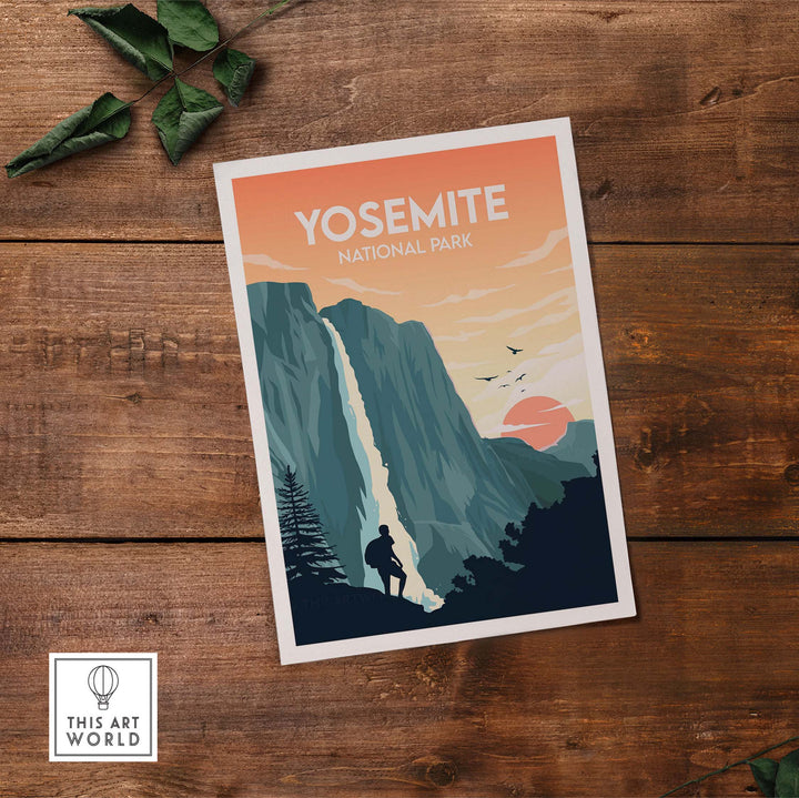 Yosemite National Park poster print featuring a waterfall and mountain in a minimalist design, perfect for nature lovers' decor.