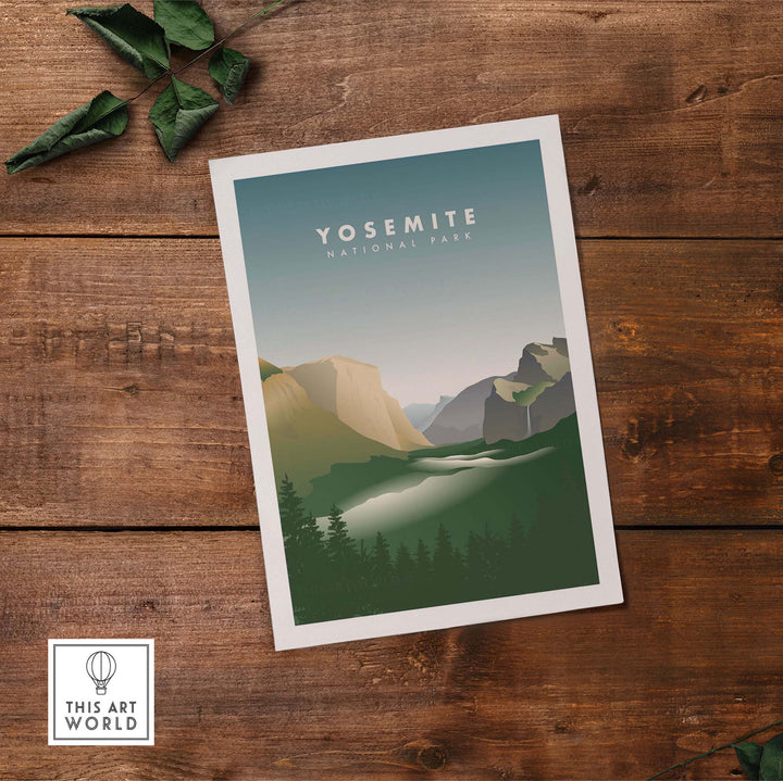 Yosemite National Park art print featuring El Capitan, designed with a vintage travel poster aesthetic.