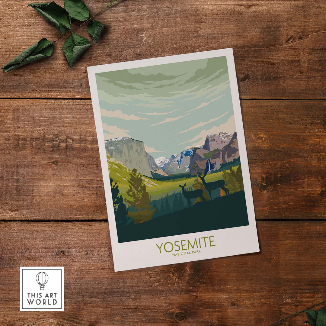 Yosemite National Park print poster featuring vintage style artwork of the scenic landscape and wildlife.