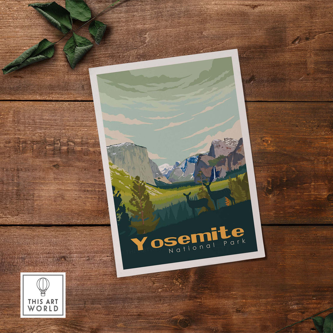 Vintage Yosemite National Park poster featuring mountains and wildlife, perfect for home or office wall art.