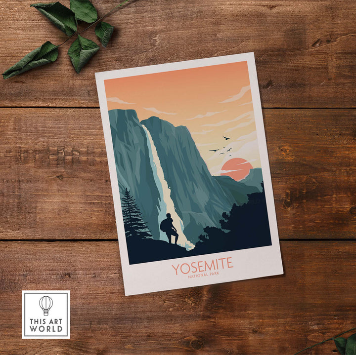 Yosemite National Park art print featuring iconic cliffs and waterfall, perfect for adding nature-inspired decor to any space.