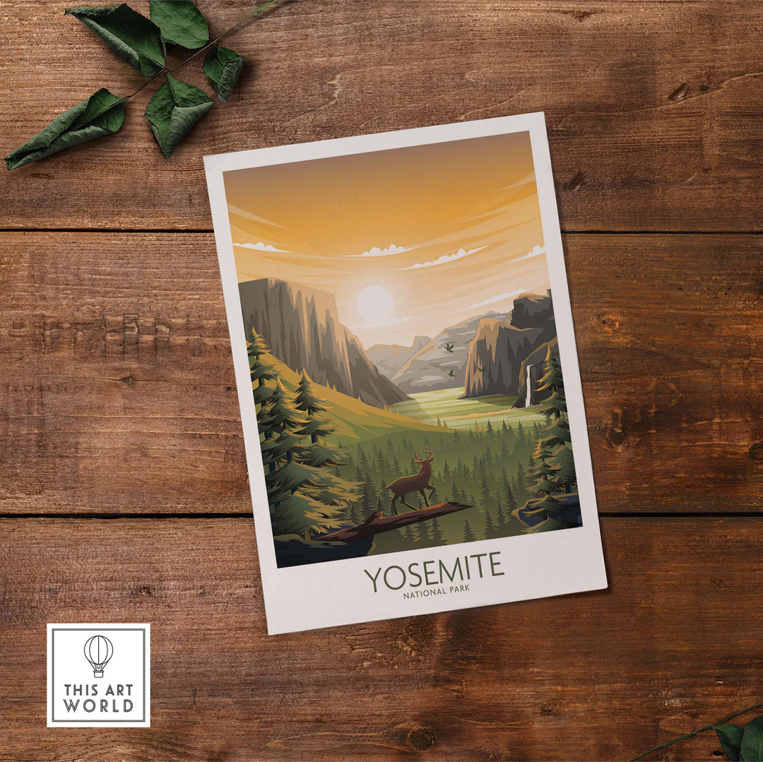 Yosemite National Park poster featuring a deer against a scenic sunset backdrop, perfect for home or office decor.
