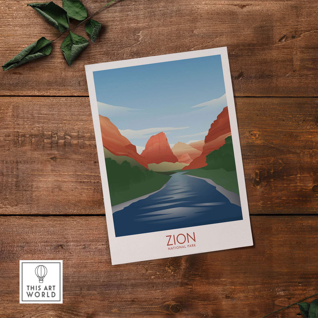 Zion National Park art print featuring minimalist nature design with mountains and river, perfect for home decor.