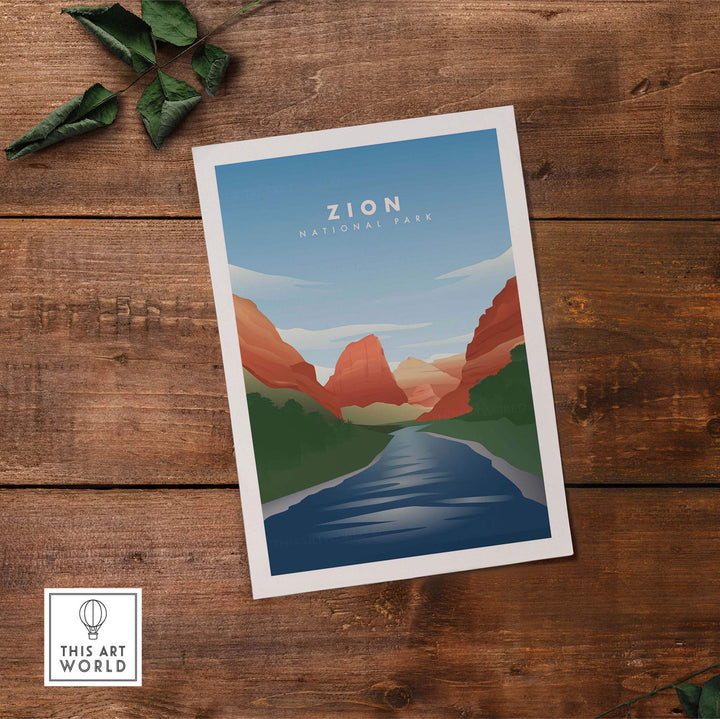 Zion National Park art print featuring the Virgin River and mountains in vintage style, perfect for home decor.