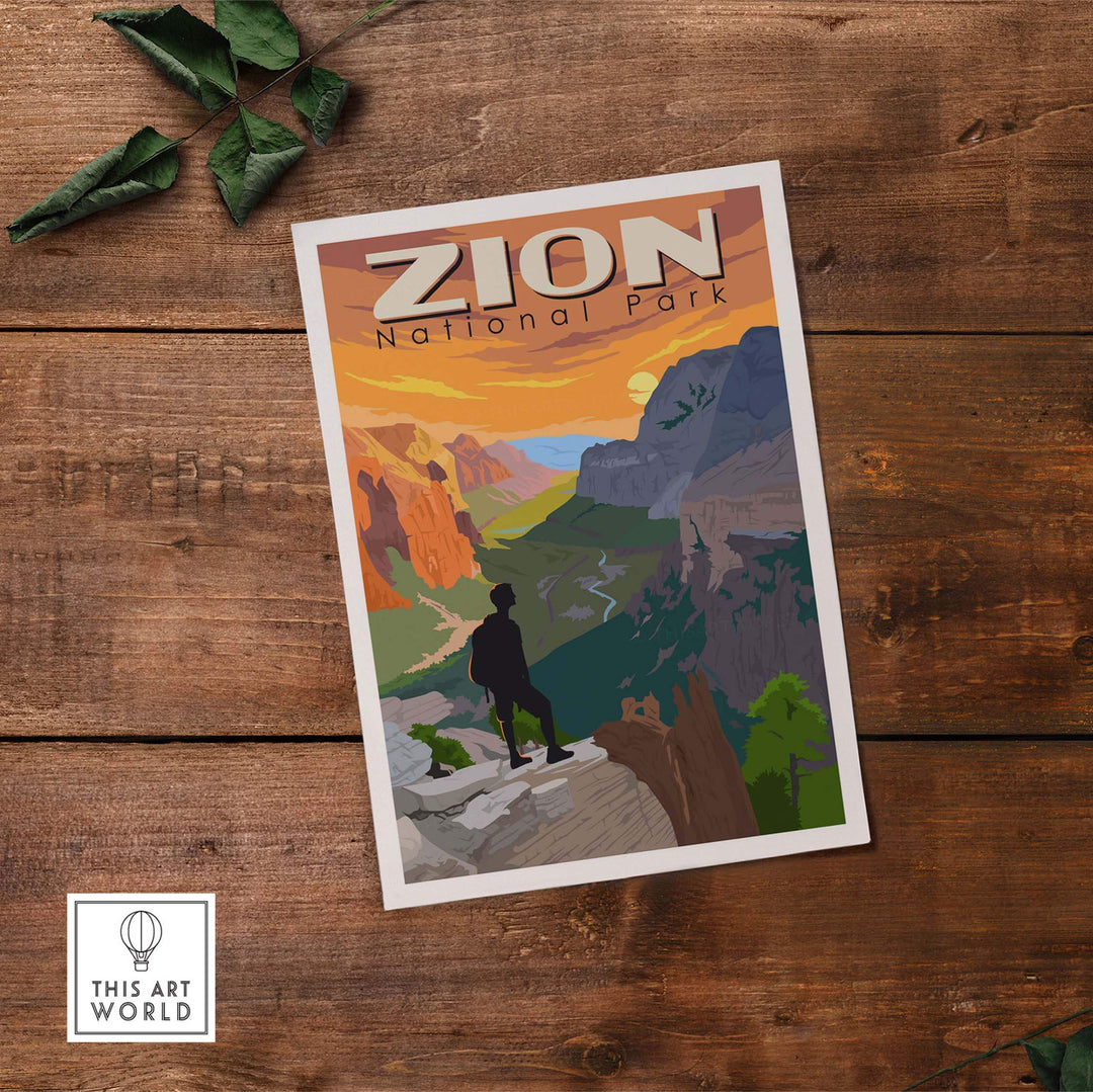 Zion National Park vintage poster art print featuring scenic mountains and a hiker on a wooden background.