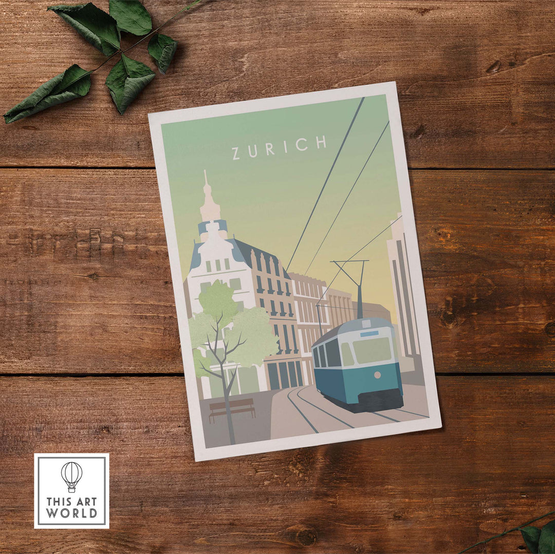 Zurich Print Wall Art Poster featuring a tram on a city street, perfect for home or office decor.