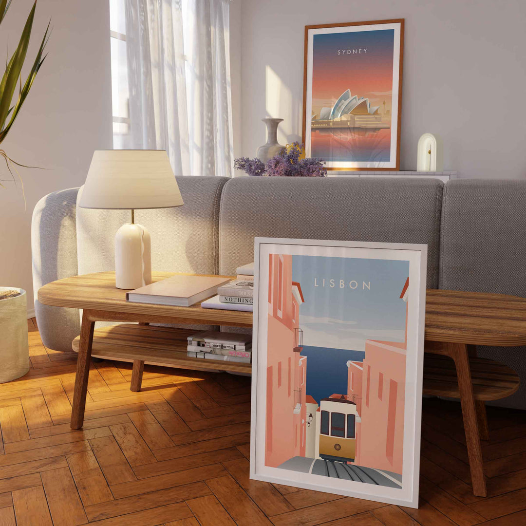 Lisbon minimalist wall art poster showcasing charming European architecture in a stylish living room setting.