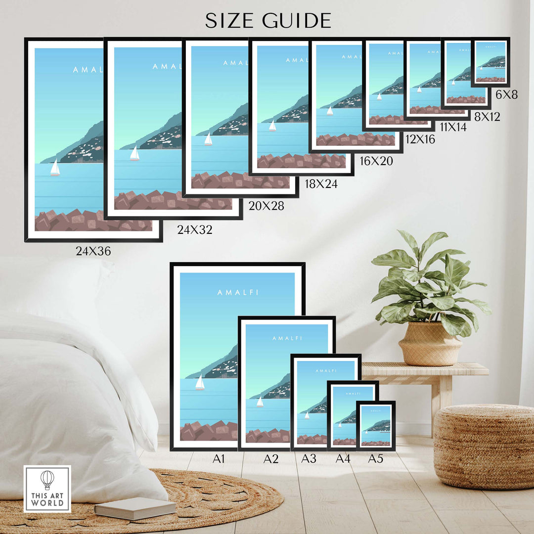 Size guide for Amalfi Coast Italy print showcasing various frame sizes in a stylish living room setting.