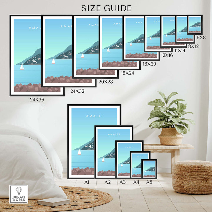 Size guide for Amalfi Coast Italy print showcasing various frame sizes in a stylish living room setting.