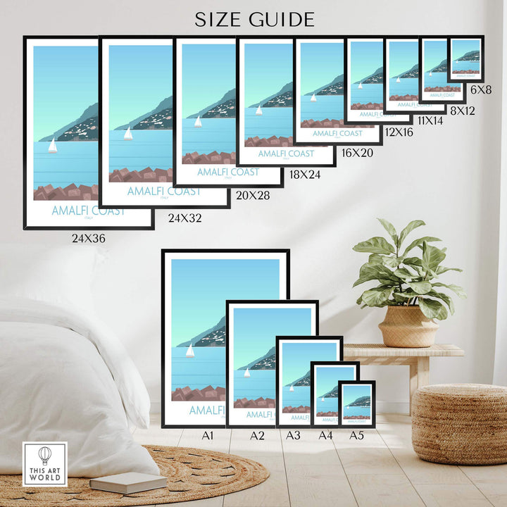 Guide showing various sizes of Amalfi Coast Print framed art options for home decor.