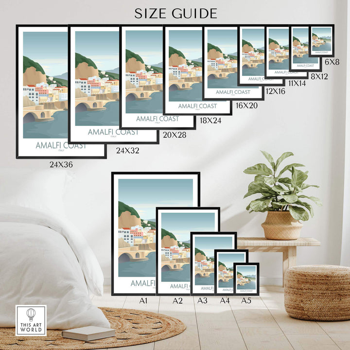 Amalfi Coast Wall Art size guide showcasing various frame sizes and styles for home decor.