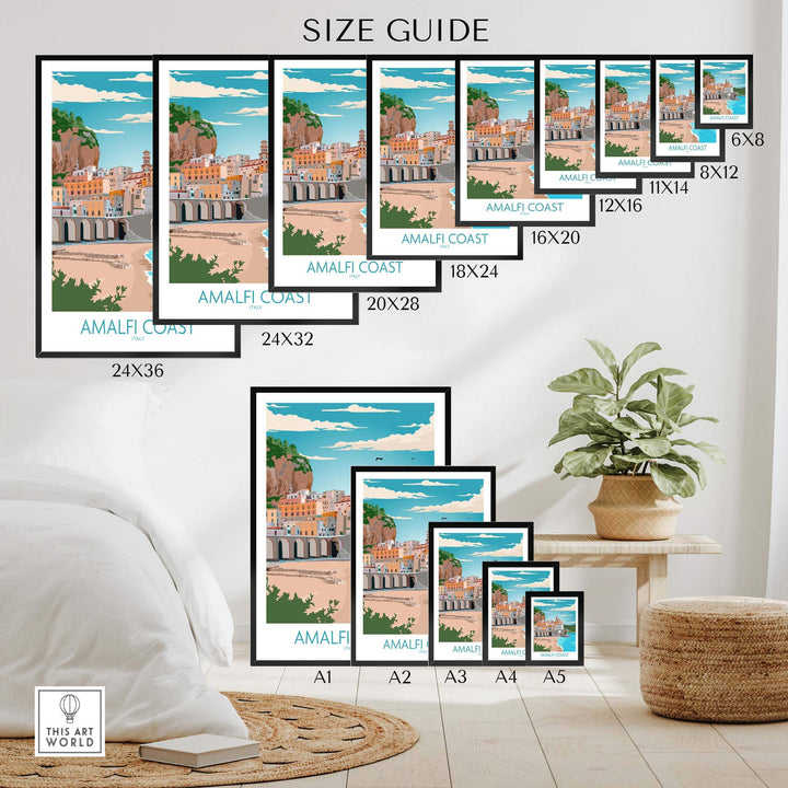 Amalfi Coast Poster size guide showcasing various print dimensions for home decor art.