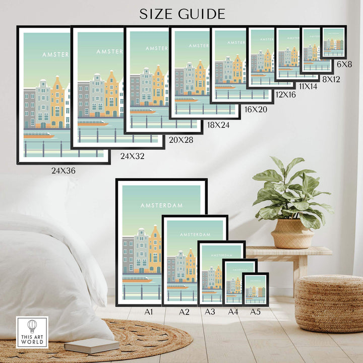 Size guide for Amsterdam Print Wall Art Poster showcasing various frame sizes and design options in a stylish setting.