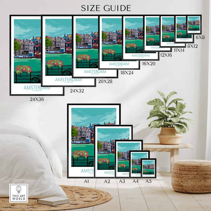 Amsterdam poster print size guide showcasing various dimensions and framed options for home decor.