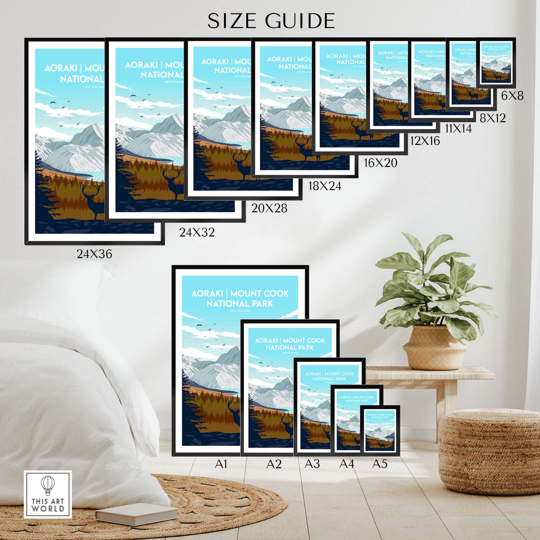 Size guide for Aoraki Mount Cook National Park print in various frame sizes and styles for home decor.