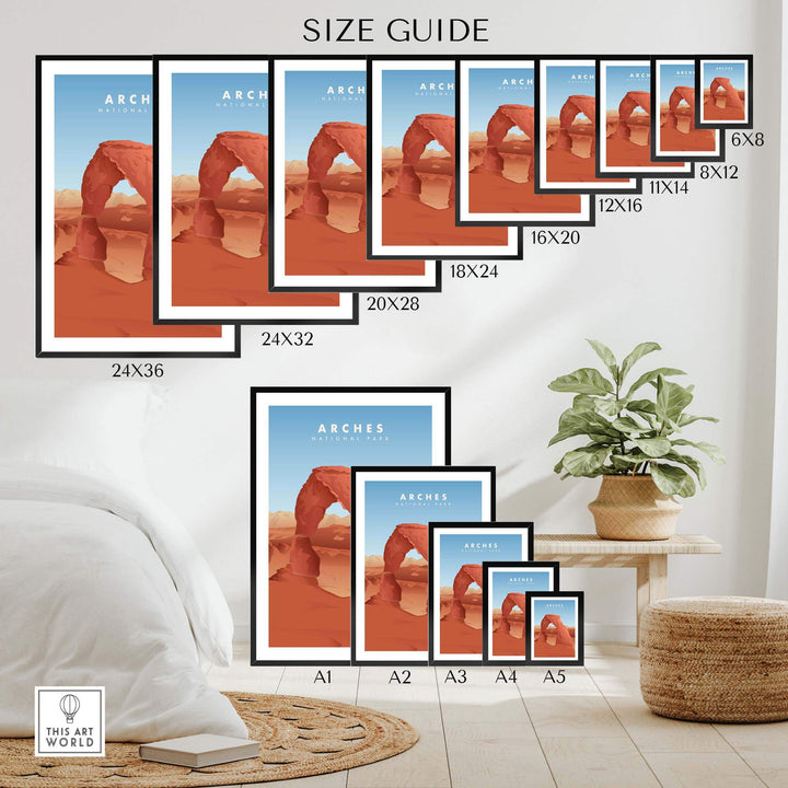 Size guide for Arches National Park art prints in various frame sizes, showcasing minimalist travel poster design.